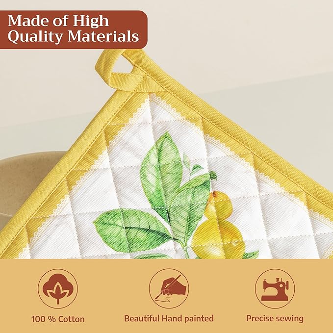 Maison d' Hermine Pot Holders 100% Cotton Heat Resistant Potholders 8" x 8" Hot Pads with Loop BBQ Cooking Baking Hotel Farmhouse Kitchen Handling Hot Pans Spring Summer (Pack of 2, Limoncello)