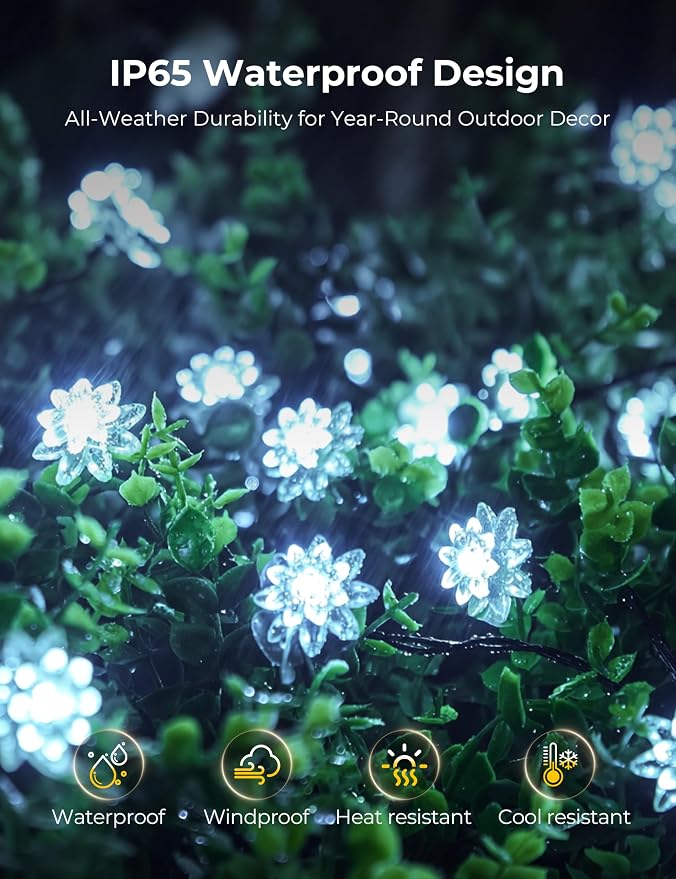 Brightown 50 LED Pure White Solar Flower String Lights Outdoor Waterproof, 23FT Solar Powered Fairy Lights with 8 Modes for Garden Yard Fence Patio Christmas Balcony Holiday Party Decor