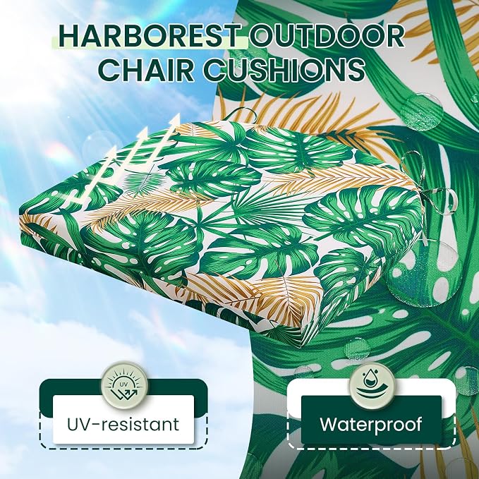 HARBOREST Outdoor Chair Cushions Set of 4, Water Resistant Patio Chair Cushions with Ties, Outdoor Seat Cushions for Patio Furniture, 17"x16"x2", Frond