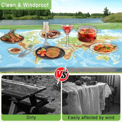 JAWO World Map Print 3 Piece Picnic Table & Bench Cover Set, Waterproof Elastic Fitted Tablecloth for Outdoor Travel Camping Backyard BBQ, 30X60in