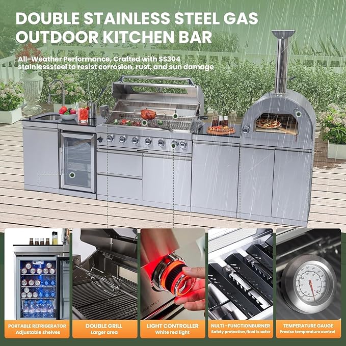 128" Outdoor Kitchen Island,Stainless Steel Propane BBQ Grill with Pizza Oven, Rotisserie, Refrigerator, Granite Countertop, Storage Cabinets & Drawers 120,000 BTU.