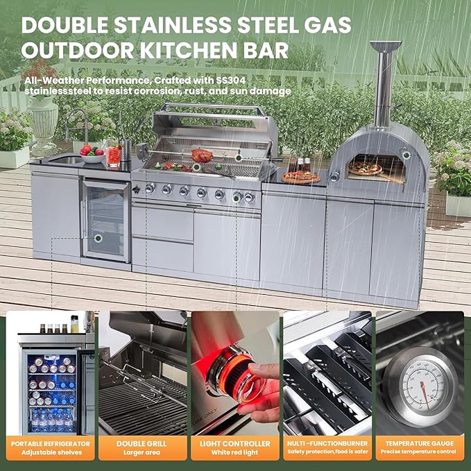 128" Modular Outdoor Kitchen,120,000 BTU Stainless Steel Propane Grill with Built-In Pizza Oven,Rotisserie,Refrigerator,Granite Countertop,Storage Drawers & Cabinets.