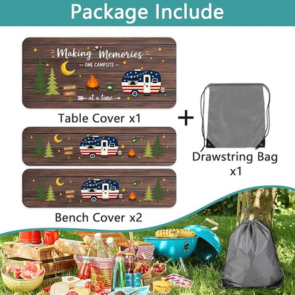Wooden American Flag RV Picnic Table Cover with Bench Covers 6FT 3PCS, Camping Essentials, Fitted Camping Tablecloth Waterproof Oilproof with Elastic Edge for Indoor Outdoor Garden, 30x60 Inch