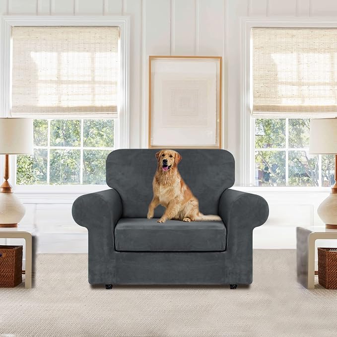 WEERRW Velvet Stretch 2 Pieces Chair Sofa Slipcovers Washable, Dark Grey | Armchair Slipcovers Luxury Soft Velvet Plush Furniture Protector Couch Cover with Elastic Bottom for Kids Pets, Small