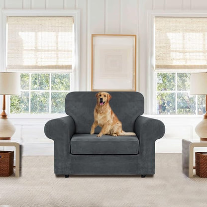 WEERRW Velvet Stretch 2 Pieces Chair Sofa Slipcovers Washable, Dark Grey | Armchair Slipcovers Luxury Soft Velvet Plush Furniture Protector Couch Cover with Elastic Bottom for Kids Pets, Small