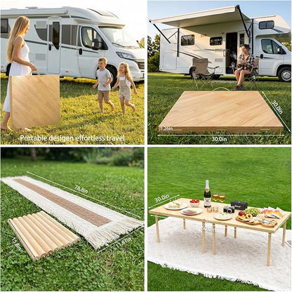 60"x30" Portable Boho Wooden Low Folding Picnic Table for Indoor Outdoor | Comes with Table Runner, Stable 8-leg Support & Thickened Structure, Thick Painted Tabletop Easy to Wipe, Fits 4-6 People