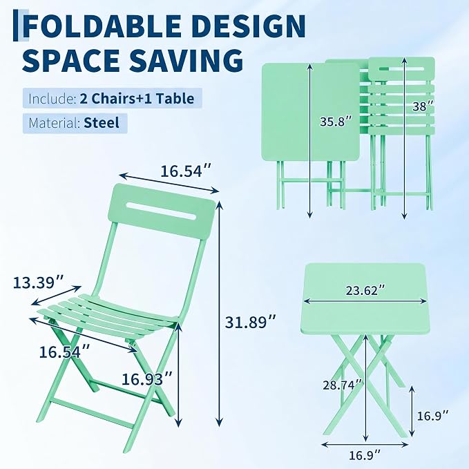 Garvee 3PCS Bistro Set, Folding Patio Furniture Set w/ 2 Chairs,Solid Steel | Foldable space-saving bistro set, fully pre-assembled for instant use. Powder-coated weatherproof steel frame. Easy-clean