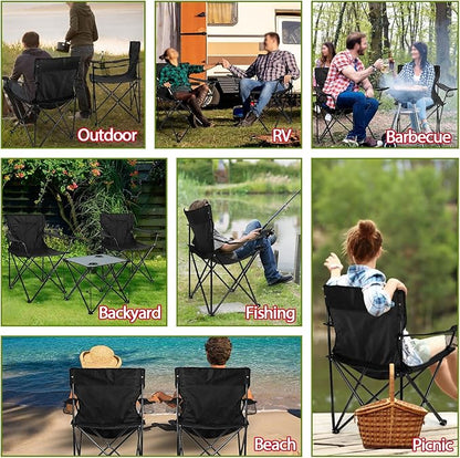 HaSteeL Folding Camping Chair Set of 3, Foldable Black Camp Chairs & Grey Table, Large Lawn Chair Portable for Adults Hiking, Fishing, Picnic, Outdoor BBQ, Travel, Sports, Cup Holders & Storage Bags
