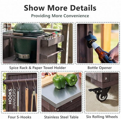 LUMISOL Outdoor Grill Cart for Big Green Egg, 80.5" Solid Wood Outdoor Kitchen Island with Stainless Steel Top and Drawer, Rolling Kitchen Cart for 21"/28" Blackstone Griddle, Dark Brown