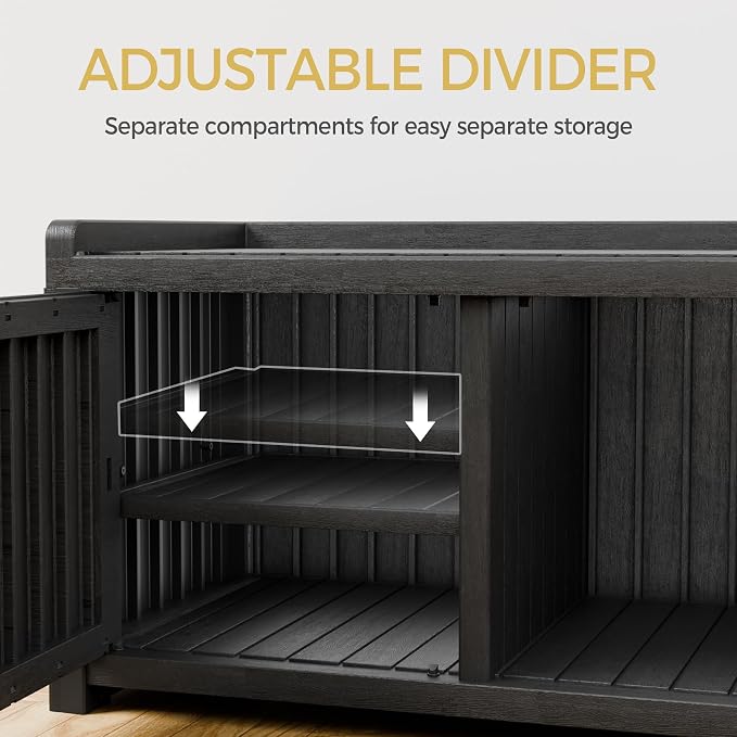 Storage Bench - Waterproof Resin Shoe Bench with Adjustable Shelves - Indoor & Outdoor Use, 2 Doors Entryway Bench with Hidden Storage Space - Storage Cabinet for Bedroom, Hallway, Black