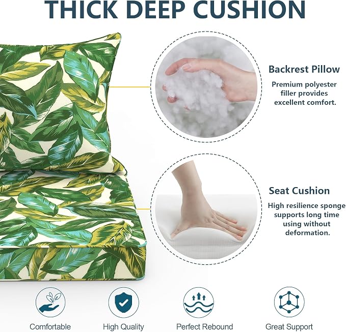DYTXIII Outdoor Deep Seat Cushion Set, Water Repellent 24"x24" Patio Thick Cushions Replacement with Seat & Back Pillow for Patio Sofa, Wicker Chair, Couch - Lush Leaf Jungle