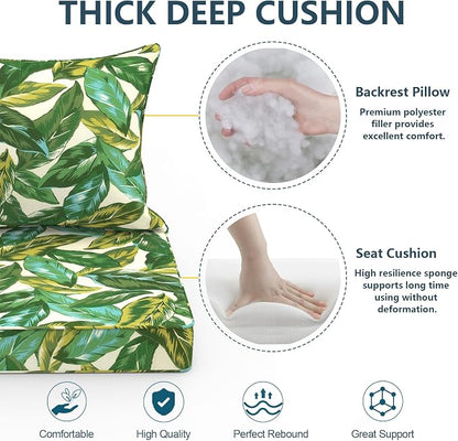 DYTXIII Outdoor Deep Seat Cushion Set, Water Repellent 22"x22" Patio Thick Cushions Replacement with Seat & Back Pillow for Patio Sofa, Wicker Chair, Couch - Lush Leaf Jungle