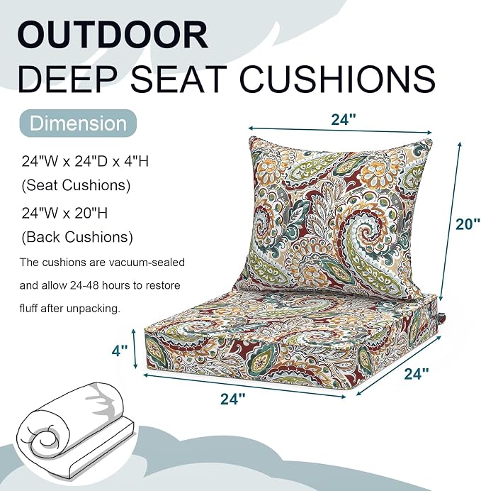 DYTXIII Outdoor Deep Seat Cushion Set, Water Repellent 24"x24" Patio Thick Cushions Replacement with Seat & Back Pillow for Patio Sofa, Wicker Chair, Couch - Paisley Chilli