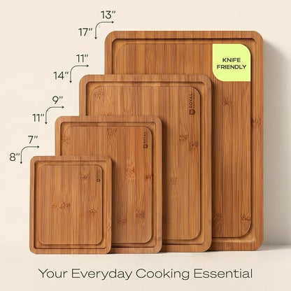 ROYAL CRAFT WOOD Wooden Cutting Boards for Kitchen Meal Prep & Serving - Bamboo Non Toxic Cutting Board Set with Deep Juice Groove Side Handles - Charcuterie & Chopping Butcher Block for Meat (4 Pcs)
