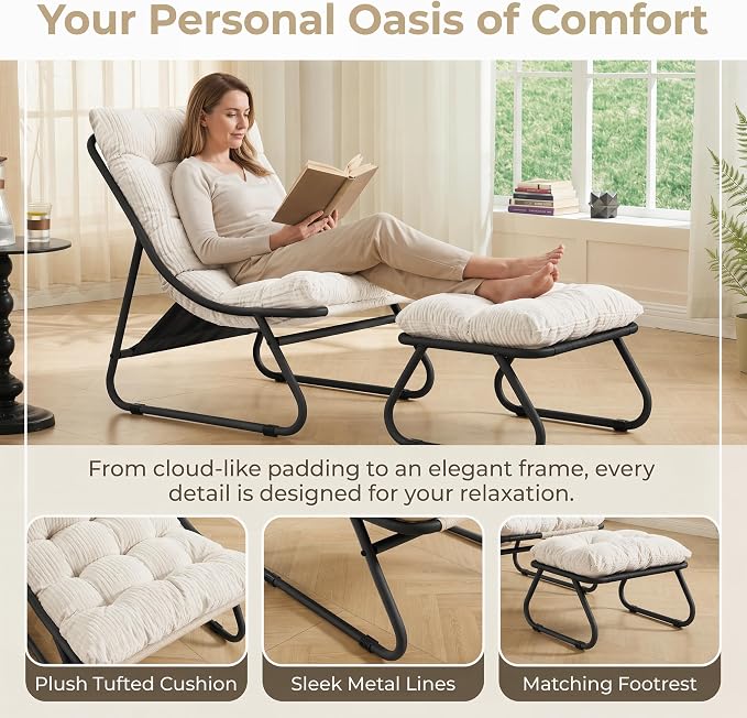 Rocking Chair with Ottoman, Modern Metal Frame Outdoor Rocker, Comfy Patio Lounge Chair with Footrest, Reading Glider Chairs for Living Room, Bedroom, Balcony, Garden, Relax, White