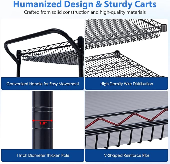 1350Lbs Capacity Heavy Duty Rolling Utility Cart, NSF Rolling Carts with Wheels,Commercial Grade Metal Cart with Handle Bar & Shelf Liner,Trolley Serving Cart for Restaurant,Kitchen,Black