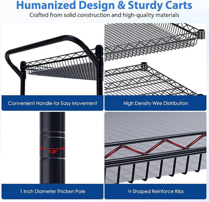 1350Lbs Capacity Heavy Duty Rolling Utility Cart, NSF Rolling Carts with Wheels,Commercial Grade Metal Cart with Handle Bar & Shelf Liner,Trolley Serving Cart for Restaurant,Kitchen,Black