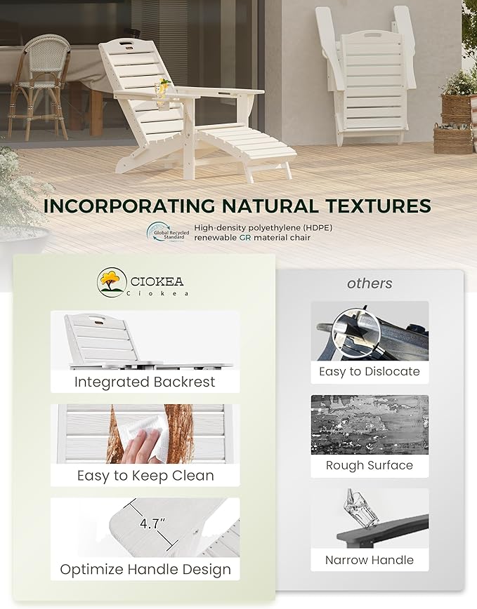 Ciokea Folding Adirondack Chair Set of 6 with Retractable Ottoman Fire Pit Patio Chair with Pull Out Foot Rest Weather Resistant Lawn Outdoor Chair with 2 Cup Holder (White)
