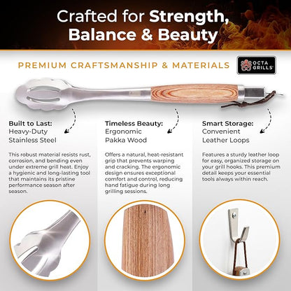 3-Piece BBQ Utensil Set – Premium Stainless Steel Grill Tools with Extra Wide Spatula - Pakka Wood Handles & Leather Hanging Loops (Spatula, Tongs & Fork)