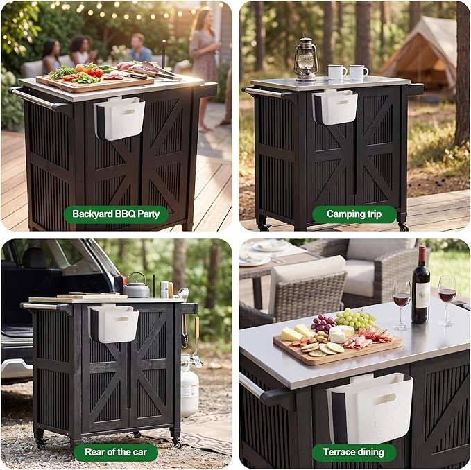 Nice C Grill Cart with Wheel, Outdoor Kitchen Island, Outdoor Grill Station Bar Cart with Stainless Steel Tabletop, Dining Cart Table Storage Cabinet, Grill Table for BBQ Food Prep