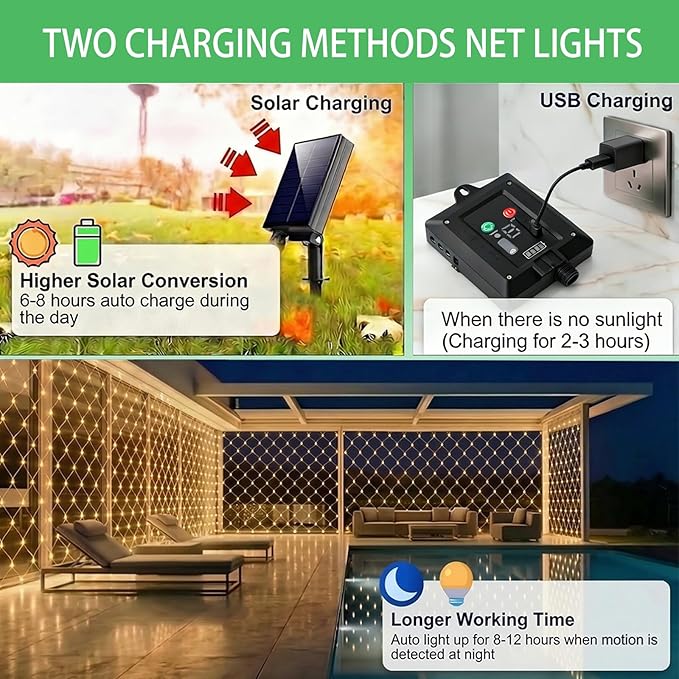 Pooqla Solar Net Lights, 11.5x5ft 240LED Christmas Net Lights Outdoor with 8 Modes, Solar & USB Powered Waterproof Green Wire Net Mesh String Lights for Bush Backyard Patio Decor, Warm White