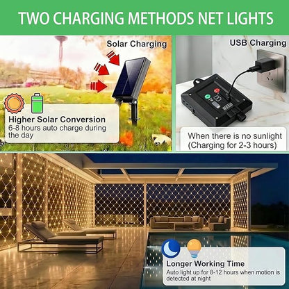 Pooqla Solar Net Lights, 11.5x5ft 240LED Christmas Net Lights Outdoor with 8 Modes, Solar & USB Powered Waterproof Green Wire Net Mesh String Lights for Bush Backyard Patio Decor, Warm White