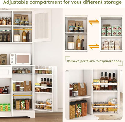 WAYTRIM Kitchen Hutch Cabinet with Storage, White Pantry Cabinet with 4 Doors and Shelves, Pantry Cabinet with Microwave Shelf & Drawers & Adjustable Shelves for Kitchen Dining Room Furniture