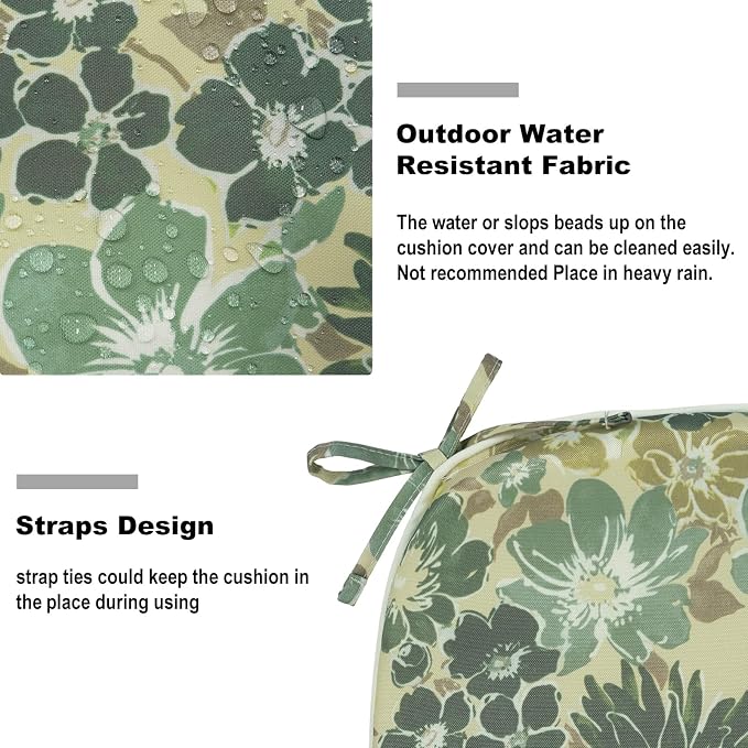 DYTXIII Set of 4 Outdoor Chair Cushions with Ties,Water Repellent Patio Chair Pads 17"x 16" for Outdoor Furniture,Round Corner Seat Cushions for Garden Yard Kitchen Green Rose