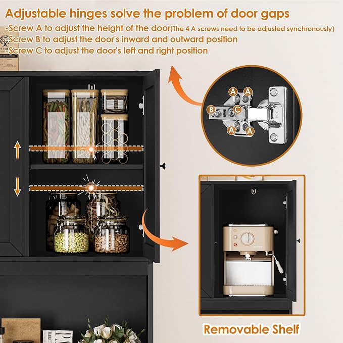 BOTLOG 72" Kitchen Pantry Cabinet Microwave Stand, 10 Storage Compartments | 2 Drawers, Large Capacity, 47.2-inch wide Countertop, Kitchen Hutch utch for Dining Room (Black)