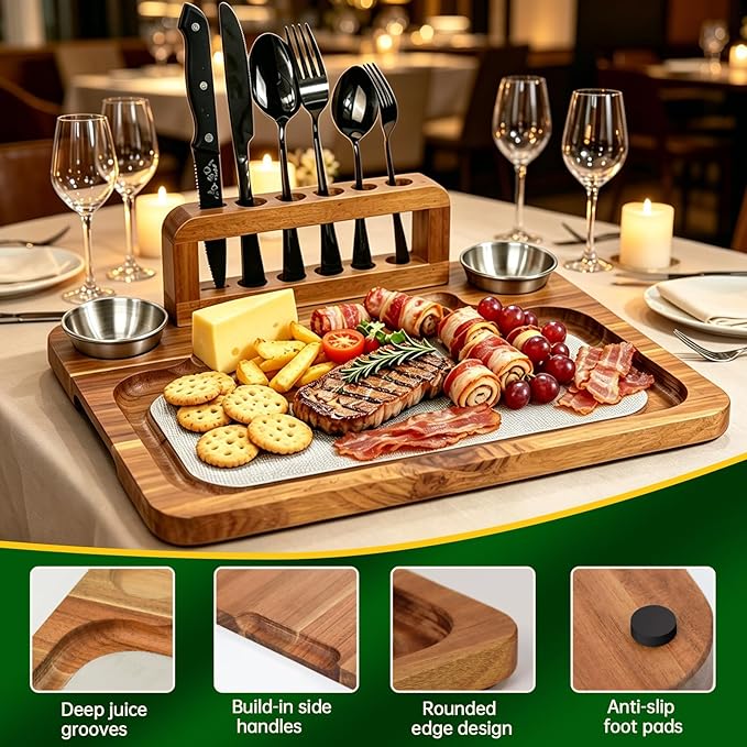 Acacia Wood Steak Board Set,16.5" Magnetic Charcuterie Board with Stainless Steel Scratch-Proof Cutting Surface Wooden Serving Platter with Cutlery & Sauce Cup for BBQ Dinner Party Housewarming Gift