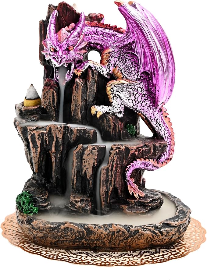 Dragon Backflow 2 Sided Mountain Waterfall Incense Burner,Fountain Smoke Incense Holder with Backflow Incense Cones, Tweezers, Mat，Resin Aromatherapy Meditationvaiuk (Purple)
