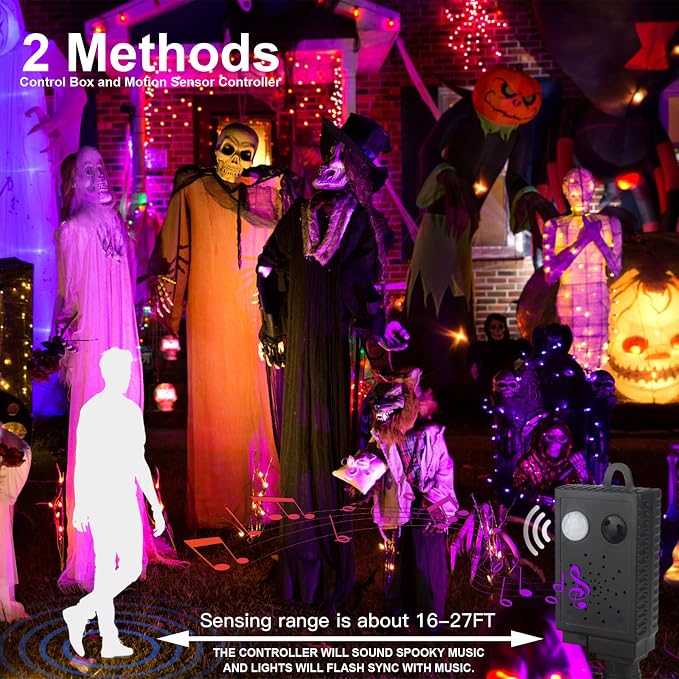Halloween Lights, 105FT 300 LED Halloween String Lights | With Spooky Music Twinkle Waterproof Purple Orange Light Plug in for Indoor Outdoor Tree Party Yard Room Decor
