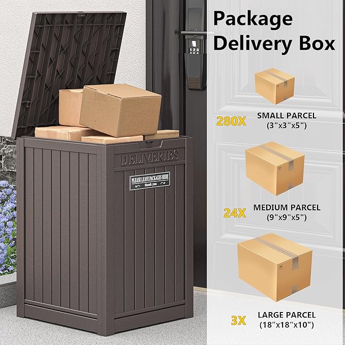 LHBGO Package Delivery Box for Outside with Sticker, 48 Gallon Storage with Lockable Secure, Large Double Wall Resin Outdoor Package Delivery Waterproof Deck