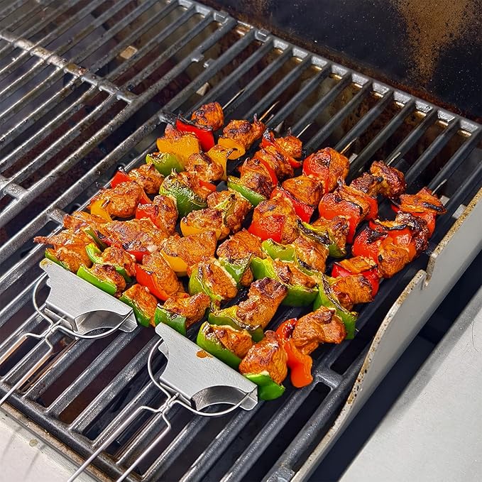 onlyfire 2 PCS Kabob Skewers Stainless Steel Skewer for Grilling, 3-Prong Kabob Skewers Perfect with Push Bar Reusable Metal Skewer for Meat, Chicken, Sausages,Veggies, Shrimp