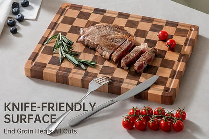 Cutting Boards for Kitchen, Checkered Wooden Cutting Board | 14"x11" Walnut End Grain Chopping Board with Juice Groove & Handle, Serving Tray for Prep Meat, Bread & Fruit