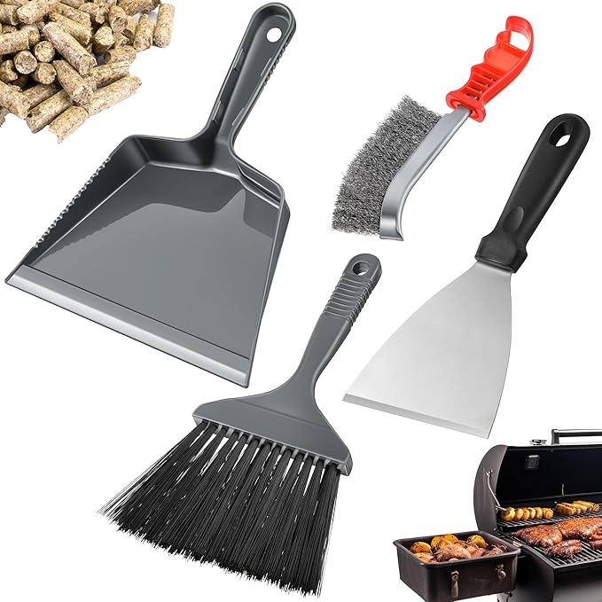 4 Piece Pellet Grill Ash Cleaning Kit, Includes Large Dust Pan, Soft Bristle Brush, Metal Scraper and Wire Brush for Easy Removal of Ash, Debris and Grime