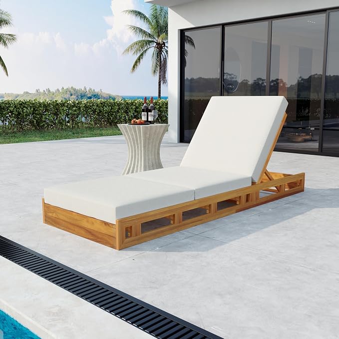 Merax Acacia Wood Chaise Lounge Chair Outdoor Set of 4, Patio Recliner with 4 Position Adjustable Backrest and 4" Thick Triple-fold Cushion