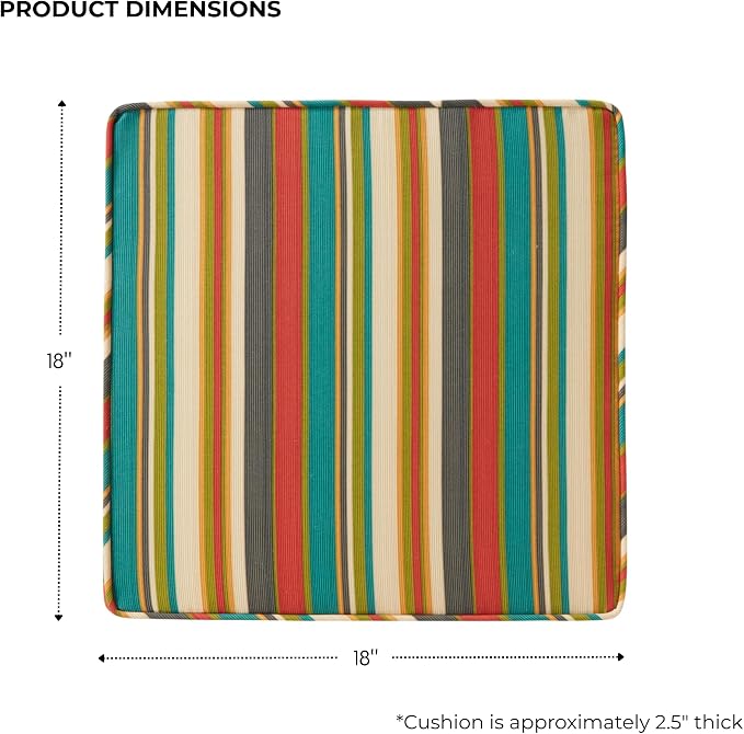 Outdoor 18 inch Square Patio Dining Chair Pads – Comfortable Fiber-Filled Seat Cushions with Ties, Reversible Polyester Fabric - Sunset Stripe - Updated, Set of 4