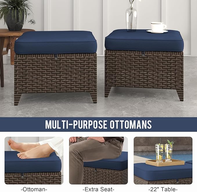 4 Pieces Patio Furniture Set, 2 High Back Chairs & 2 Ottomans, All-Weather PE Wicker Furniture with Waterproof Cushions for Deck, Garden, Porch