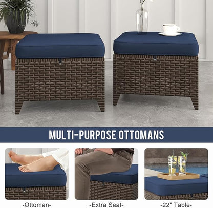 4 Pieces Patio Furniture Set, 2 High Back Chairs & 2 Ottomans, All-Weather PE Wicker Furniture with Waterproof Cushions for Deck, Garden, Porch