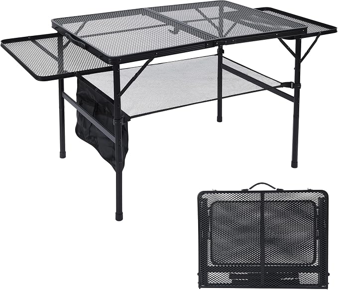 JOUYEK Folding Grill Table,3x2 FT Portable Camping Table with 2 Wing Panels | Height Adjustable Metal Tables with Mesh Desktop and Mesh Bag, Outdoor Furniture for Camping, Picnic, Beach and BBQ, Black