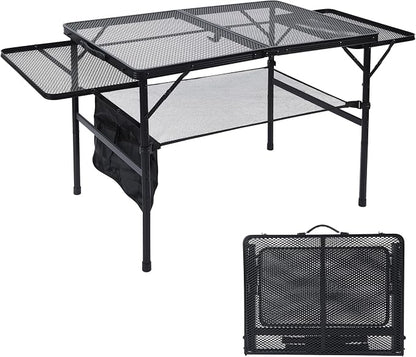 JOUYEK Folding Grill Table,3x2 FT Portable Camping Table with 2 Wing Panels | Height Adjustable Metal Tables with Mesh Desktop and Mesh Bag, Outdoor Furniture for Camping, Picnic, Beach and BBQ, Black