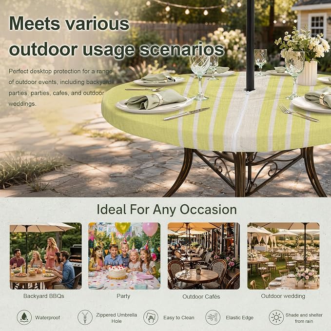 Outdoor Fitted Tablecloth with Umbrella Hole and Zipper, Yellow Beige Striped Elastic Round Patio Table Cover, Farmhouse Retro Lines Modern Windproof Table Protector for Backyard BBQ Party 31''-35''