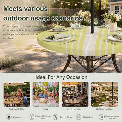 Outdoor Fitted Tablecloth with Umbrella Hole and Zipper, Yellow Beige Striped Elastic Round Patio Table Cover, Farmhouse Retro Lines Modern Windproof Table Protector for Backyard BBQ Party 31''-35''