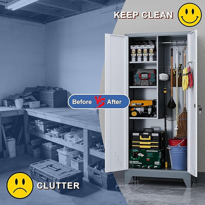 61" Broom Storage Cabinet, Cleaning Tool Storage Cabinet, Garage Utility Storage, Metal Broom Closet for Home, Garage, Utility Room, Hanging Rod (Gray White, Door-2)