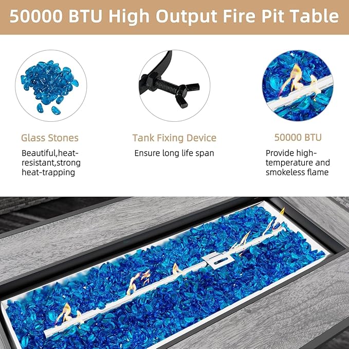 45 Inch Propane Fire Pit Table, 50,000 BTU Outdoor Gas Fire Pit for Patio & Backyard, 2-in-1 Firepit Dining Table with Glass Wind Guard, Blue Glass Rocks & Waterproof Cover