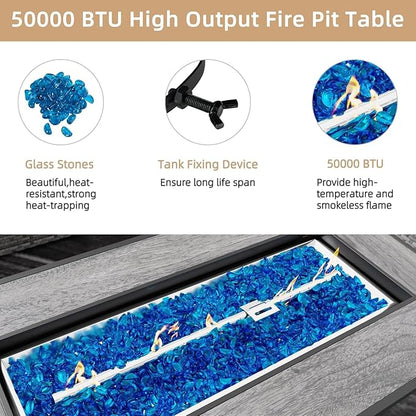 45 Inch Propane Fire Pit Table, 50,000 BTU Outdoor Gas Fire Pit for Patio & Backyard, 2-in-1 Firepit Dining Table with Glass Wind Guard, Blue Glass Rocks & Waterproof Cover