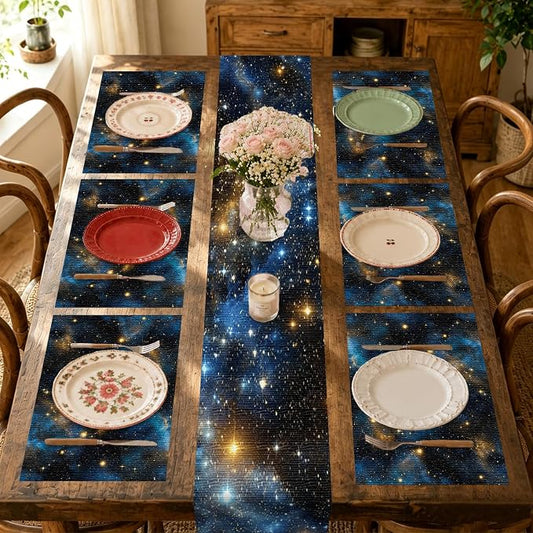 Nuxovilar Tablerunner and Placemats Set of 7 Starry Sky Themed Linen Square Placemats for Dining Dining Sets and Accessories Themed Dinner, Star Party, Romantic Gathering