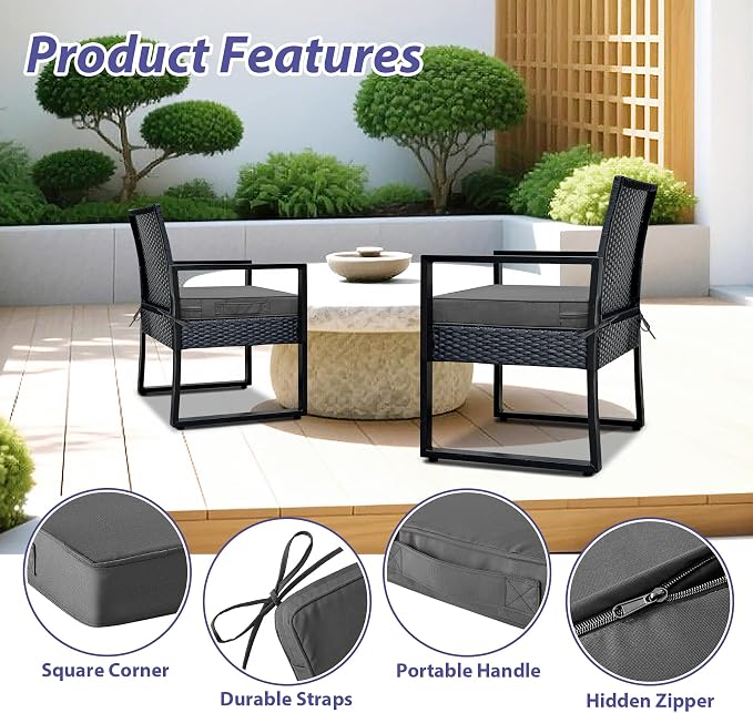 IPYNBAP Outdoor Chair Cushions Set of 4 -Waterproof Outdoor Seat Cushions for Patio Furniture, Patio Chair Cushion with Handle and Ties, Out Door Chair Pads,17x16x2-Square, Dark Grey