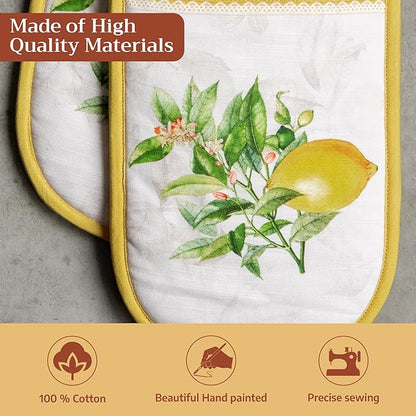 Maison d' Hermine Double Oven Mitts 100% Cotton 7"x35" Double Oven Mitt Heat Resistant BBQ Cooking Gloves with Loop Baking Grilling Kitchen Hotel Home Farmhouse Spring Summer (Limoncello)